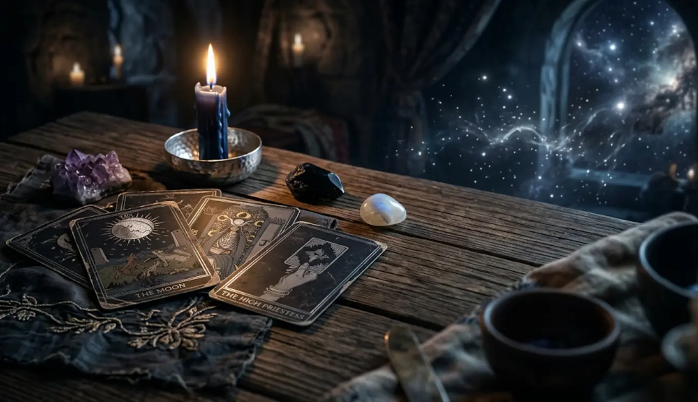 Tarot cards on table with candle light for beginner tarot reading guide